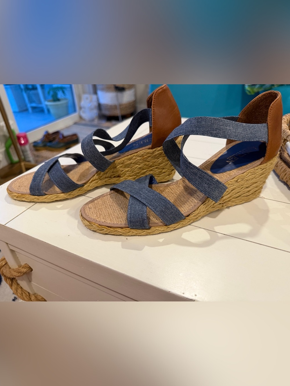 Ralph Lauren Blue Denim Espadrille Wedge Sandals with Brown Heel